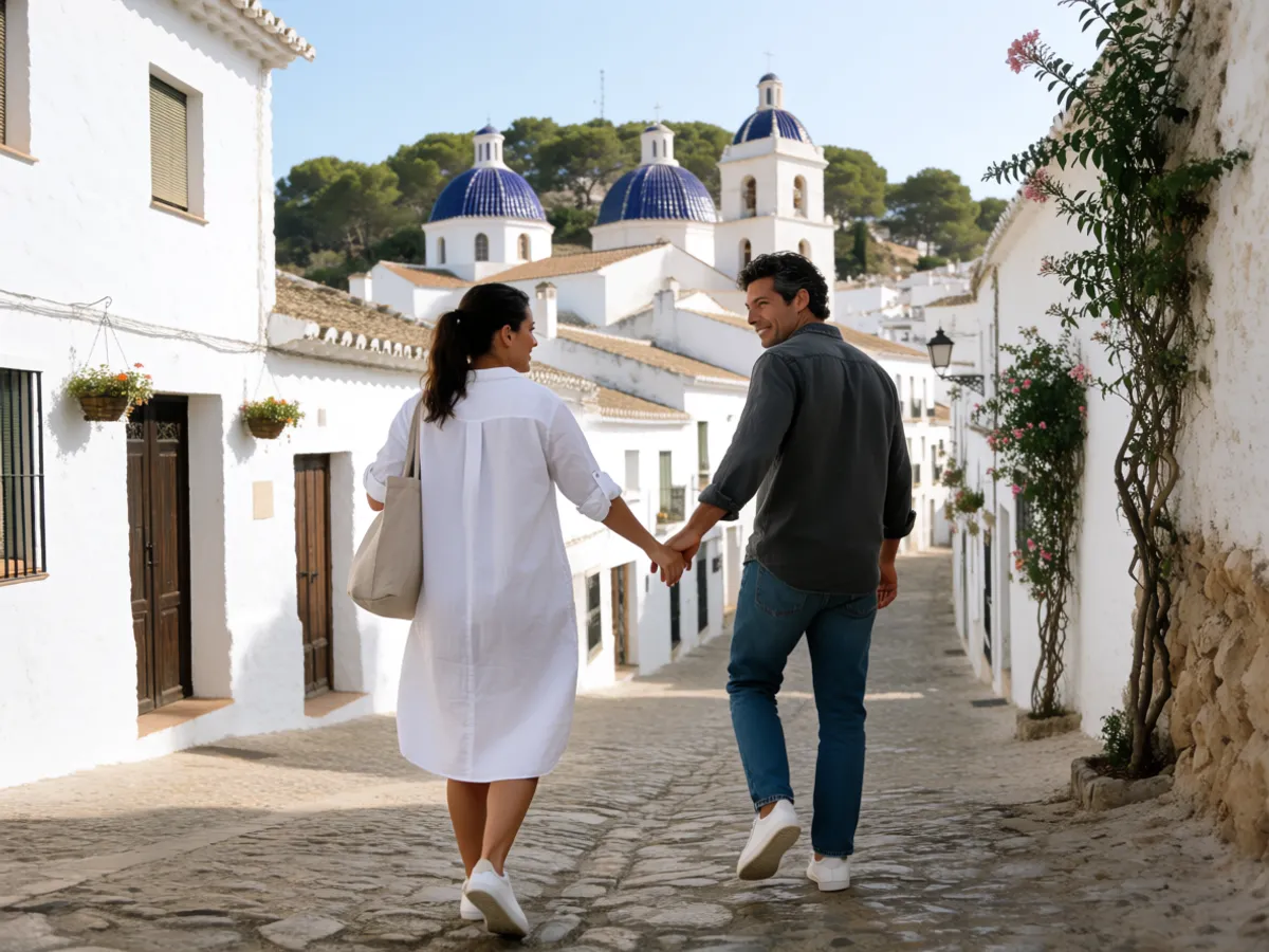 A couple climbing a cobbled old-town street in Altea toward the blue-domed church