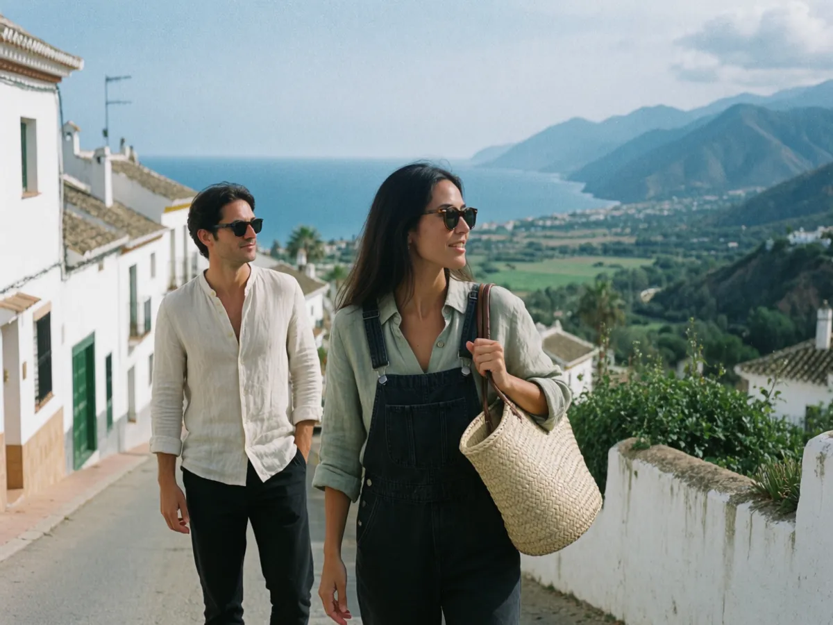 A couple on a quiet village lane in Benahavís in the hills above the coast