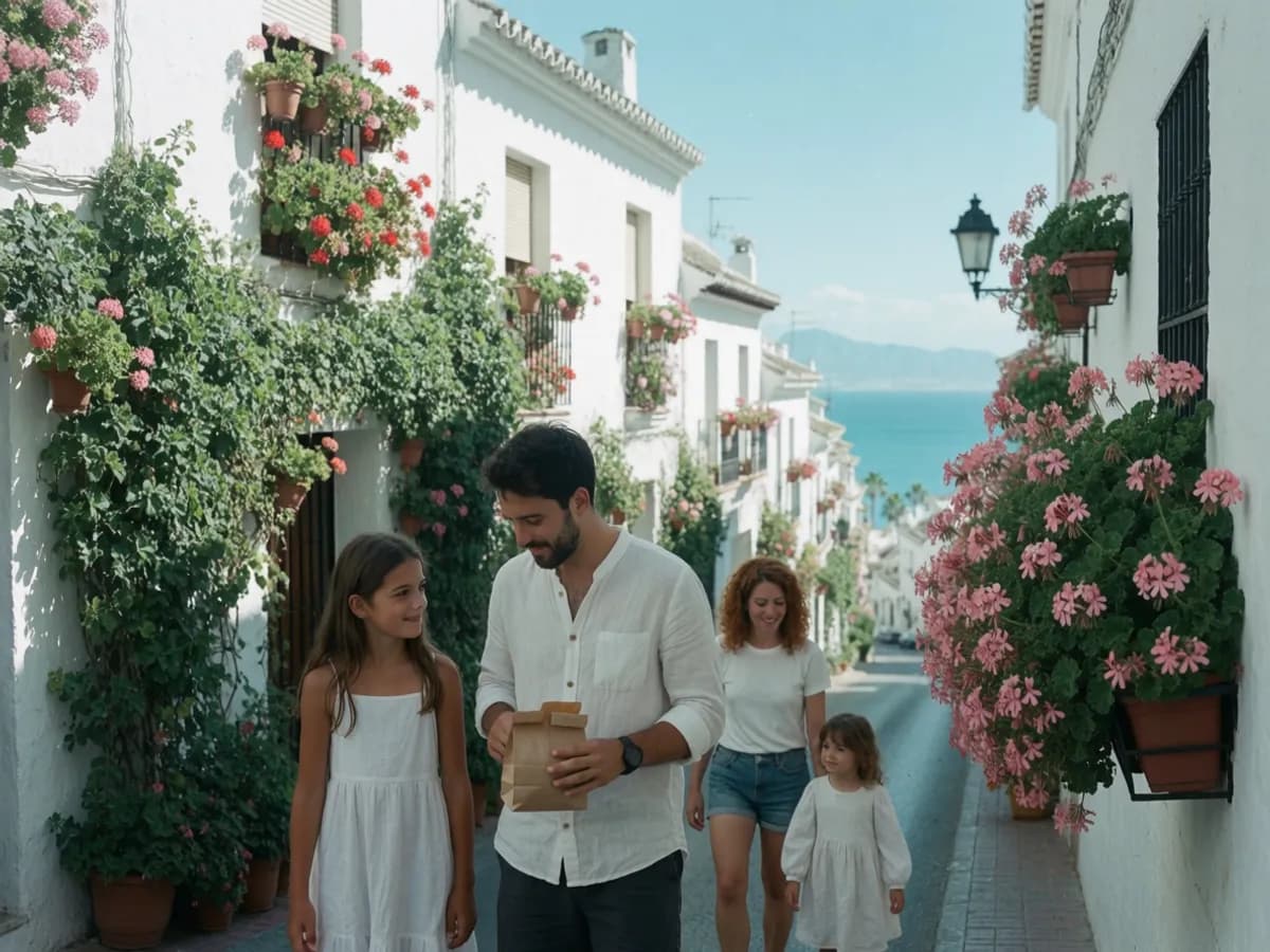 A family on a flower-filled old-town street in Estepona