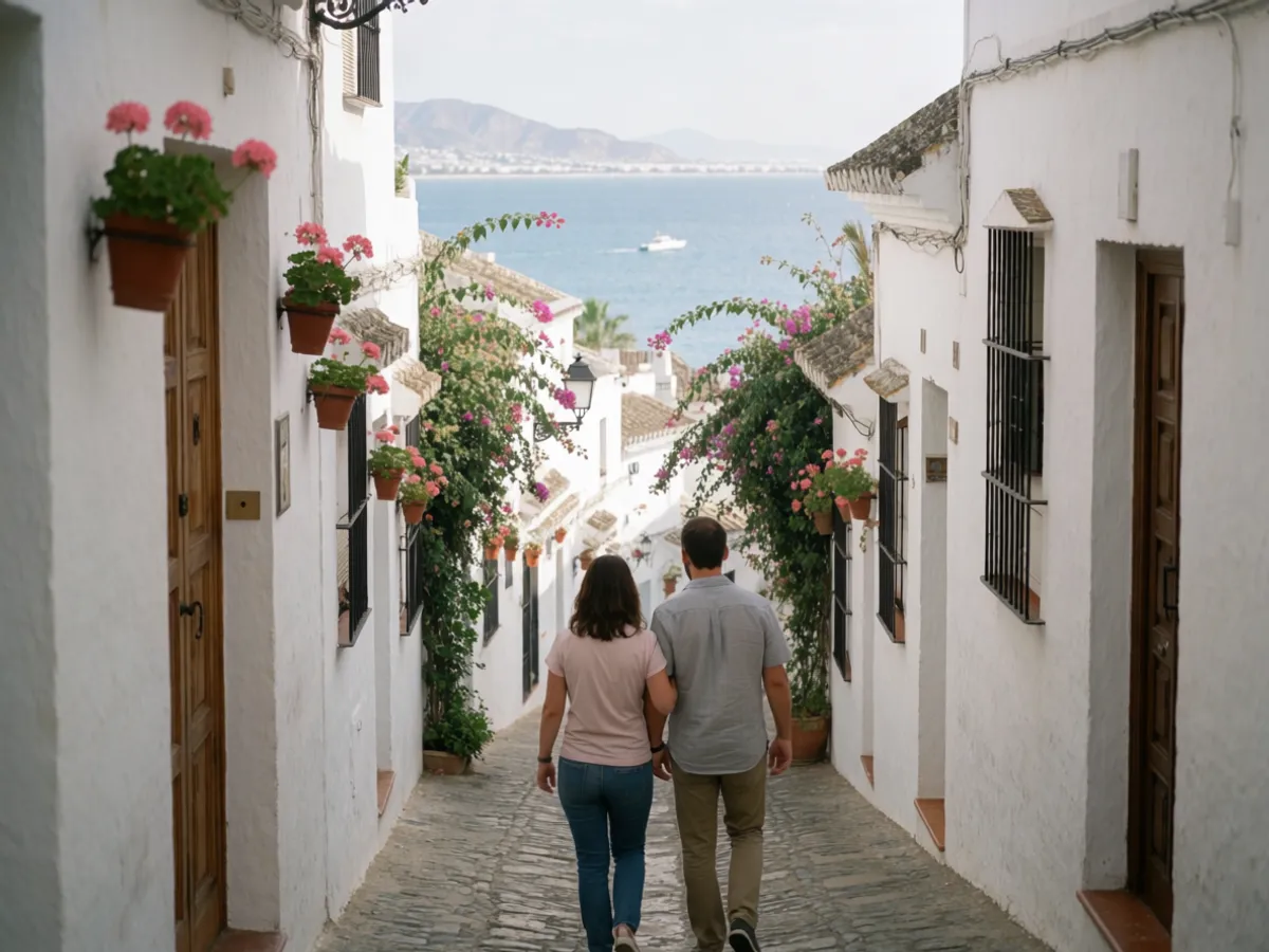A couple strolling the whitewashed old town of Marbella on the Costa del Sol