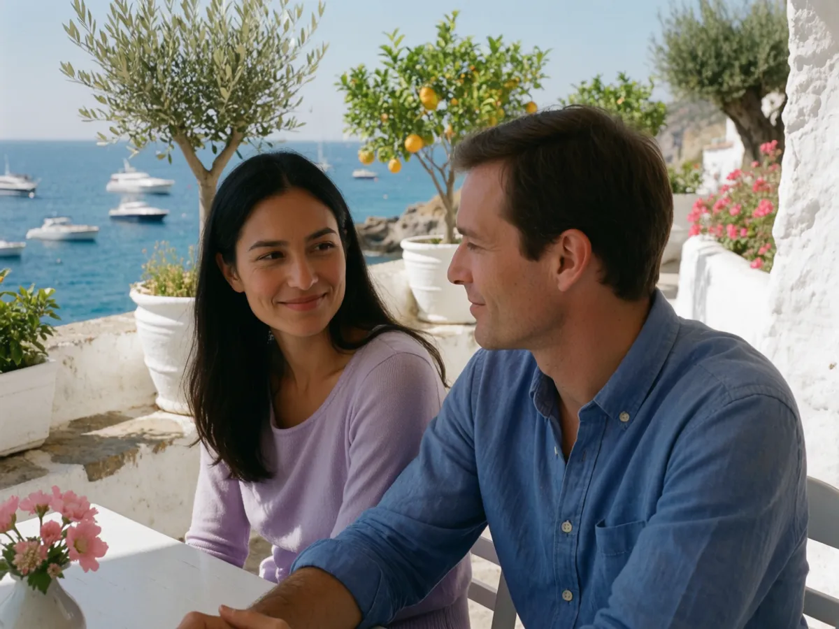 A couple sharing a quiet moment on a shaded terrace above the Mediterranean