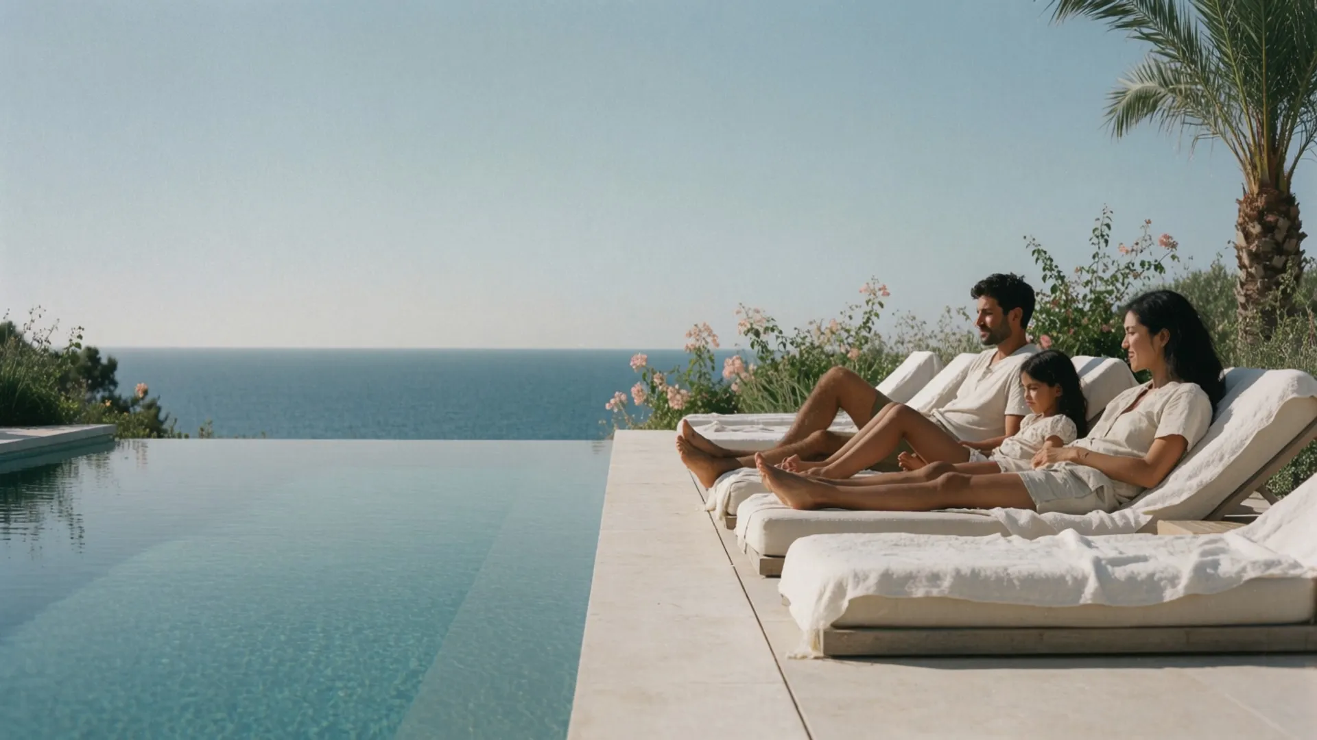 A couple over a long lunch on a terrace high above the Mediterranean on the Costa del Sol