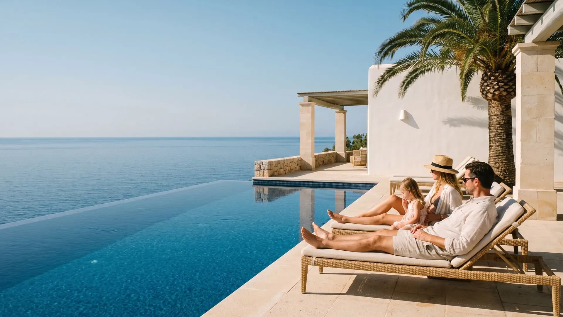 A couple over a long lunch on a terrace high above the Mediterranean on the Costa del Sol