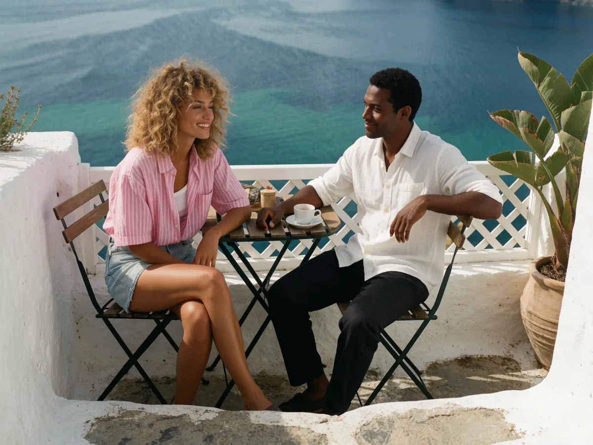 A couple talking easily over morning coffee on a sunny sea-view terrace