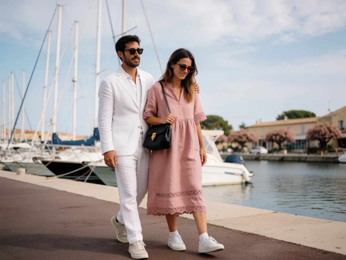 A reassured couple walking close together along a calm marina promenade