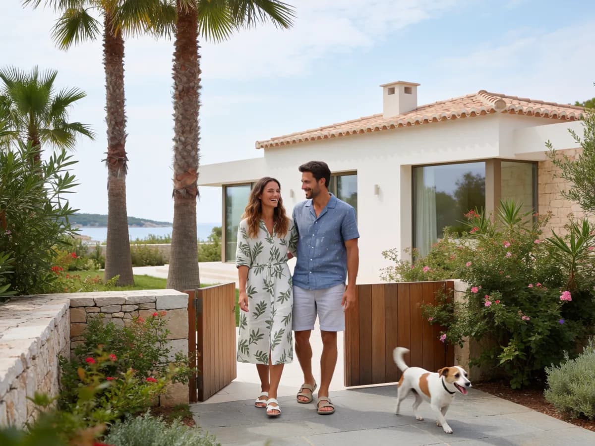 A happy couple arriving at the gate of an elegant modern villa with the sea beyond