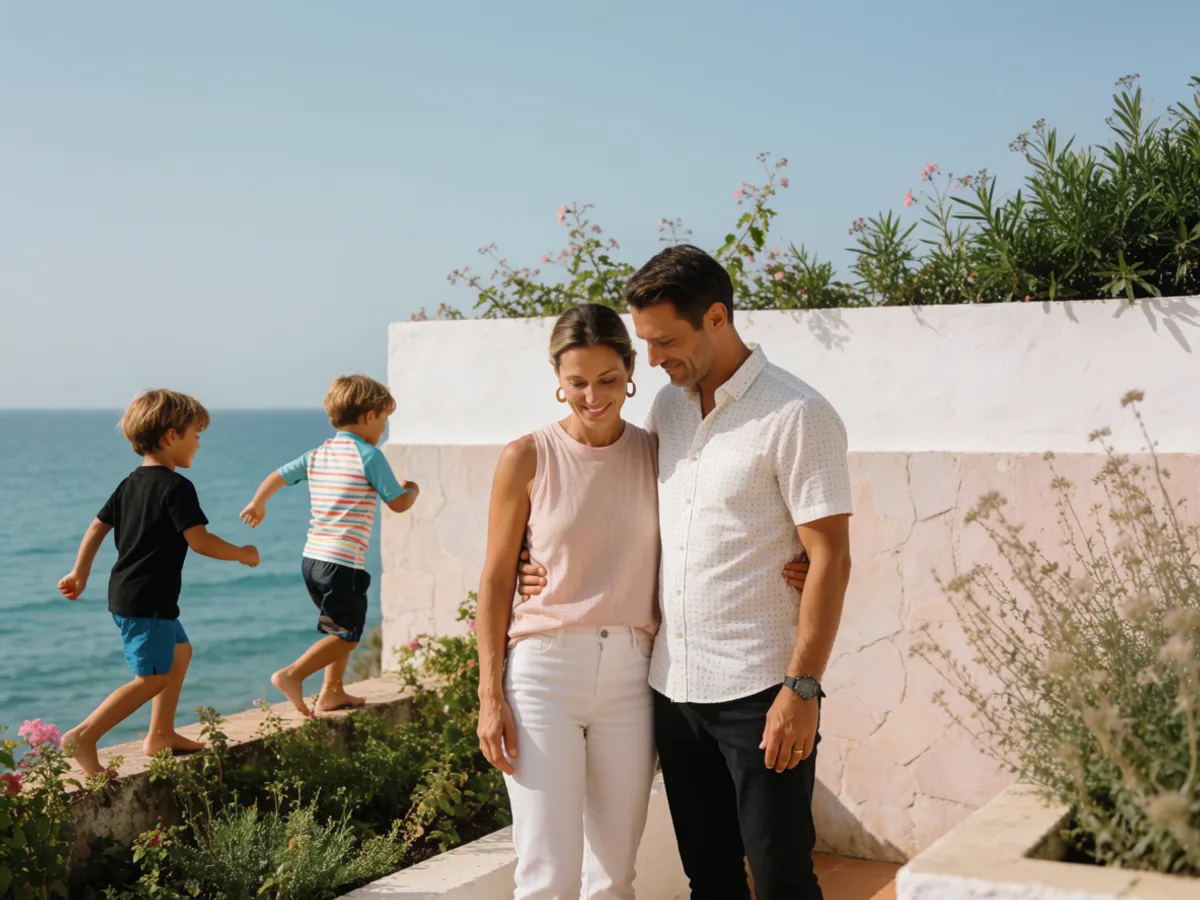 A family relaxed together on the terrace of their new coastal home